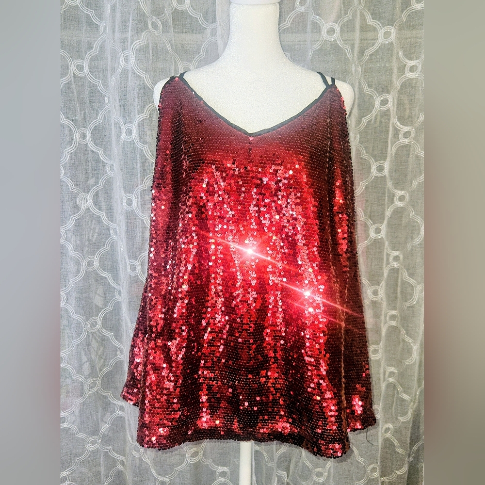 City Chic V-Neck Red Sequin Sleeveless Tank Top - Size 16